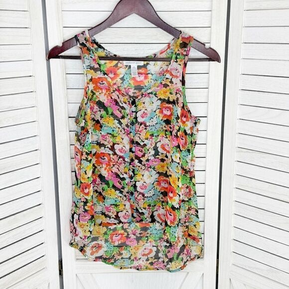 Ambiance Apparel Sheer Chiffon Floral Button Front Tank Top Small - Picture 7 of 10